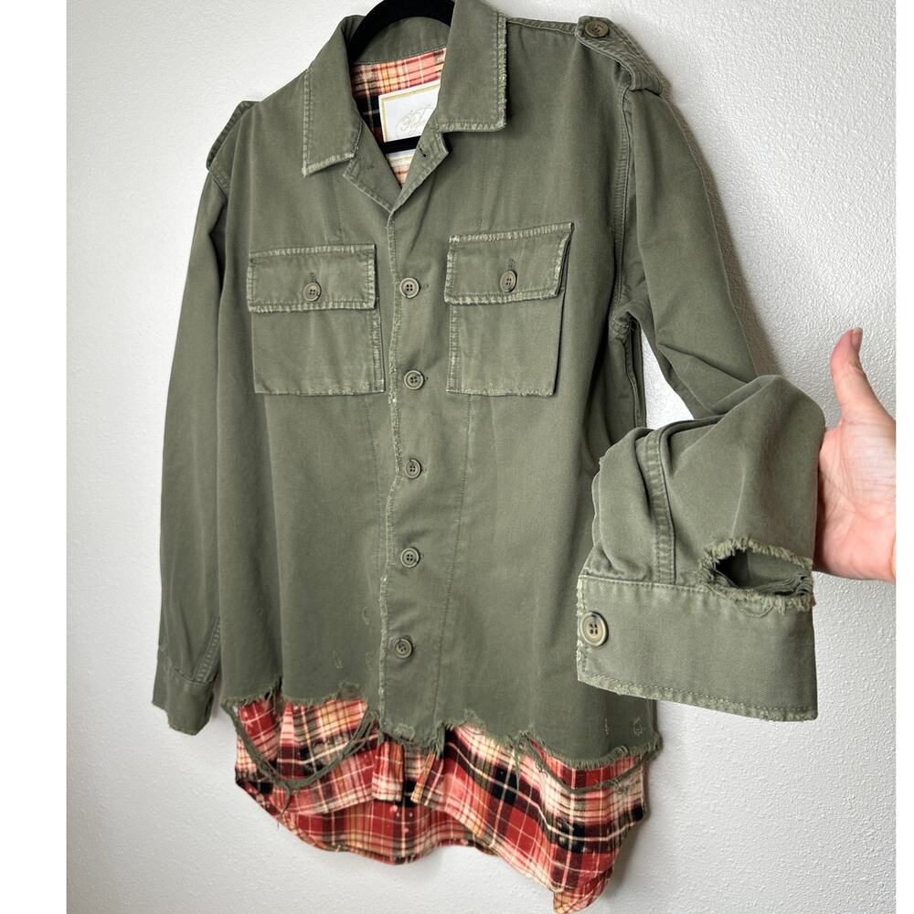 NWT Redemption Handmade Distressed Olive Military Shirt with Plaid Hem 44 / M